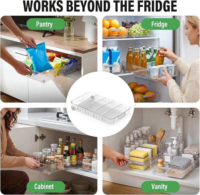 Pull Out Fridge Organizer Bins with Wheels, 8 Dividers, 2-Pack | Clear PET storage bins with handles, rear wheels and adjustable dividers for refrigerator, pantry and cabinet shelves - Image 7