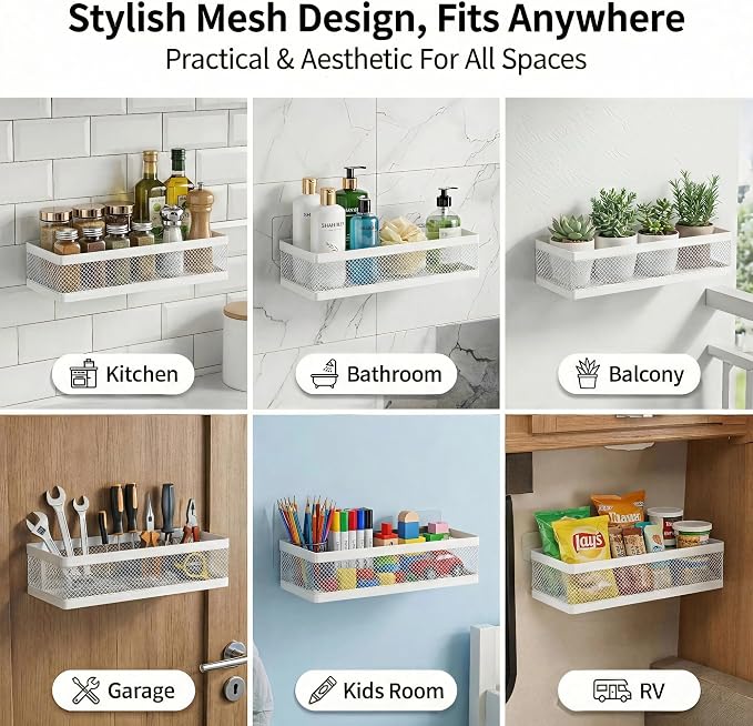 PUSDON Mesh Shower Caddy Wall Mount, Heavy Duty Adhesive Bathroom Shelf Organizer, Rustproof Floating Spice Rack for Kitchen Pantry, Holds 50 LBS, Multi-Purpose Storage White-2 Packs (Netting) - Image 4