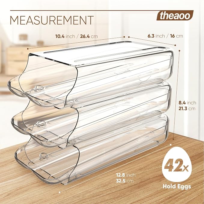 theaoo Egg Holder for Fridge, Automatic Rolling Egg Container, Clear, 3Pack | Quick Removable Inner Tray For Easy Egg Loading. Stackable Egg Dispenser For Refrigerator Storage And Organization - Image 3