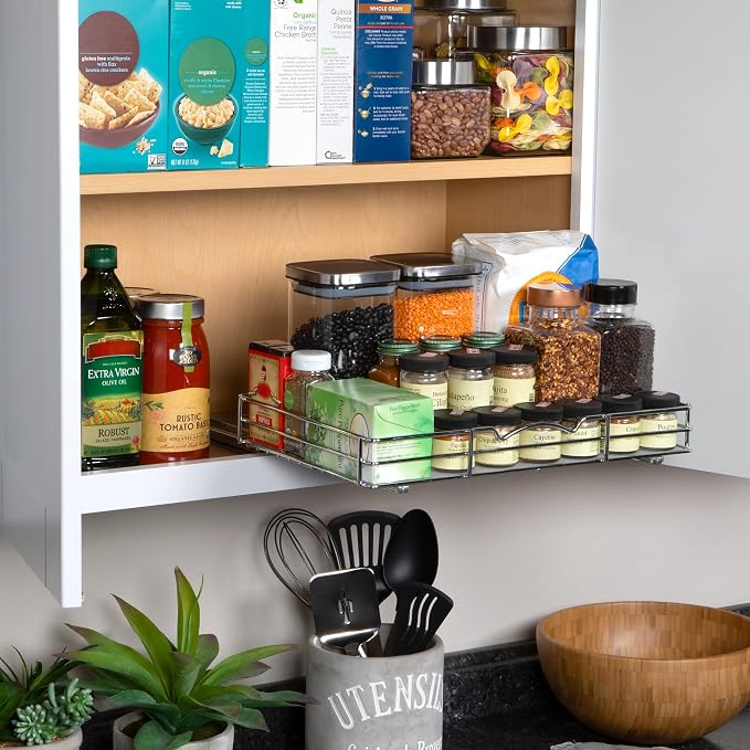 Pull-Out Cabinet Spice Rack Organizer, 16 ⅜"W x 10 ⅜"D x 2 ¾"H | Slim Slide-Out Storage for Spices, Bottles & Jars, Premium Heavy-Duty Steel, Easy Install for Narrow Kitchen Cabinets, Chrome - Image 4