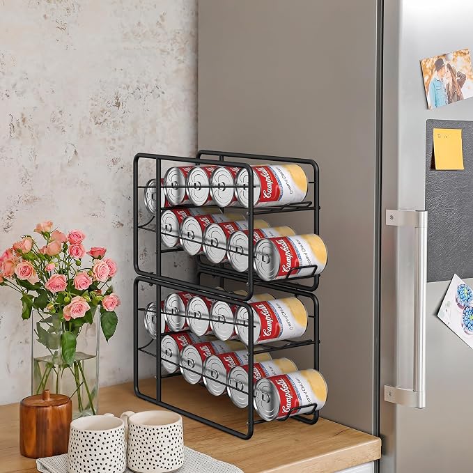 MOOACE 4 Pack Can Organizer for Pantry, Stackable Soda Can Dispenser Rack | Kitchen Canned Food Storage, Beverage Soup Cans Holder Drink Organizer for Cabinet Fridge, Black - Image 2