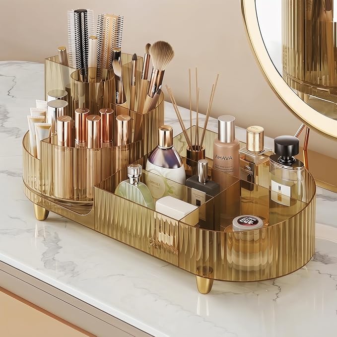 Booklov Rotating Makeup Organizer for Vanity Countertop, Amber | Clear Acrylic Cosmetic Display Case, Large Beauty Brush Holder for Bathroom Counter, Skincare Lipsticks Storage by Booklov