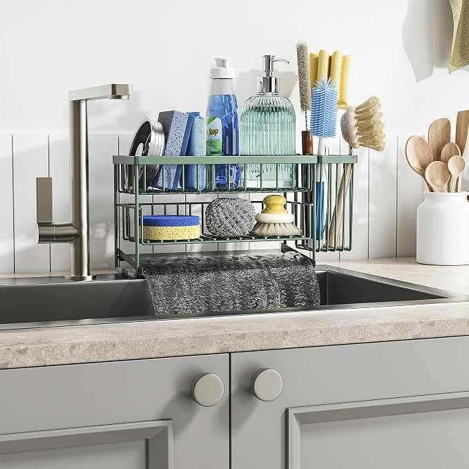 Cisily Sage Green 2-Tier Kitchen Sink Caddy Organzier Rack with Flexible Dish Brush Holder, Sponge Holder for Kitchen Sink Countertop Organization Storage, Home Decor - Image 7