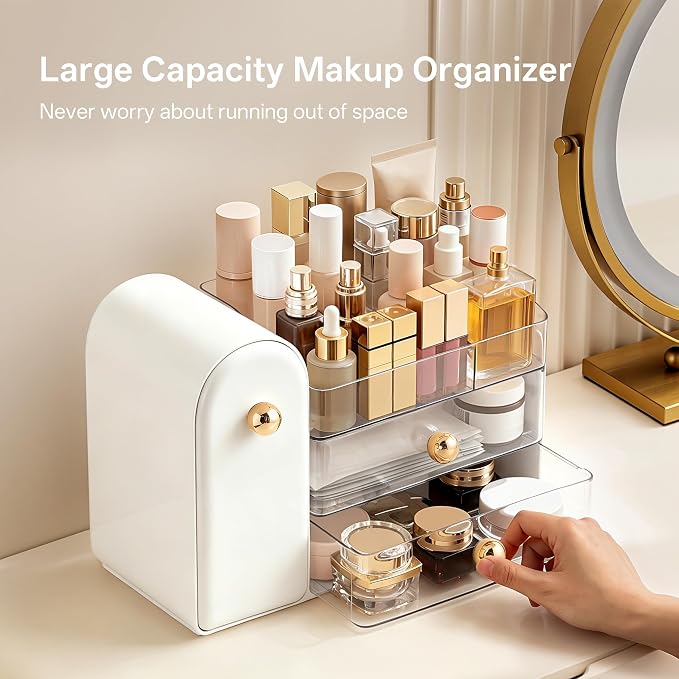 HBlife Makeup Organizer Countertop with Drawers, Vanity Organizers with Brush Holder, Bathroom Counter Organizer for Perfume, Nail Polishes, Lipsticks, Skincare and Eyeshadow Palettes, White and Clear - Image 4