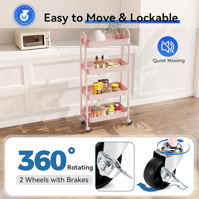 NEWBULIG 4-Tier Metal Rolling Storage Utility Cart with Lockable Wheels | Mobile Organizer Shelf, Space-Saving, Freestanding, Bathroom, Living Room, Slim, Narrow Corner Spaces, Pink - Image 3