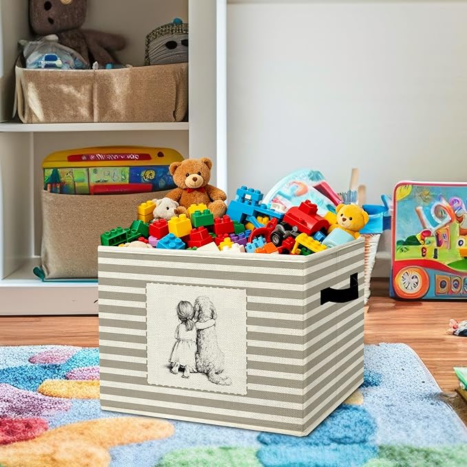 Rustic Girl and Dog Storage Bins Boxes Handles | grey striped nursery foldable basket for organizing bedroom toddler playroom - Image 2