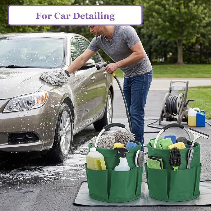 2-Pack Cleaning Supply Caddy with 6 Side Pockets, 17L Foldable Bucket Organizer Storage Tote with Handle, 600D Oxford Tool Bag for House, Dorm, Garden, Bathroom, Green - Image 8