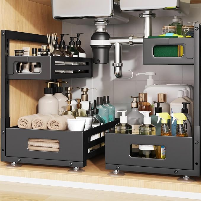 2 Pack Under Sink Organizer,Pull Out Cabinet Organizer with Smooth Cylindrical Rail,Metal Slide Out Drawer for Kitchen Bathroom Laundry Cabinet,8-Level Tool Free Height Adjustable-Black by UnderSinkOrganizer