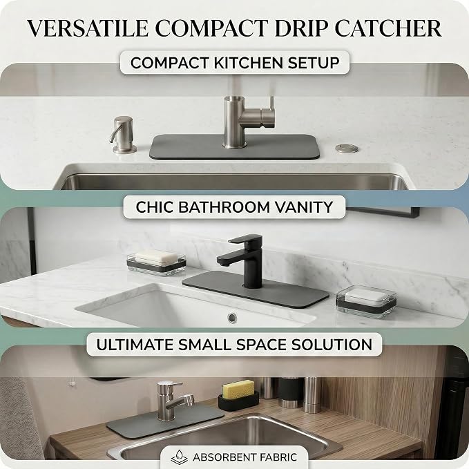 Absorbent Kitchen Sink Faucet Mat: 2PCS 14"Lx5.5"W Small Grey Splash Guard for Compact Sink - Fits Irregular Sink with 2, 3 holes, Soap Dispenser & Air Gap - Cuttable Drip Catcher for Bathroom RV Bar - Image 5