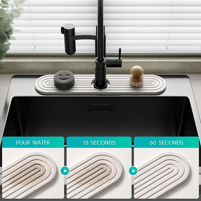Stone Faucet Mat for Kitchen Sink – Diatomite Fast-Drying Stone Tray, Faucet Mat Sink Splash Guard, Decorative Sink Protector for Kitchen Bathroom Counter [Light Grey, 17.7''x3.9''] - Image 3