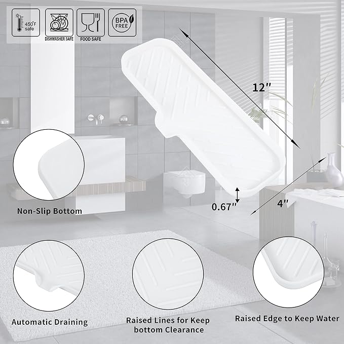 MicoYang Silicone Soap Dish with Drain Spout — Self-Draining Double Sink Organizer Tray for Kitchen & Bathroom, Dispensers, Sponges & Soap Holder, Non-Slip & Dishwasher Safe, White (Large, 12"×4") - Image 2