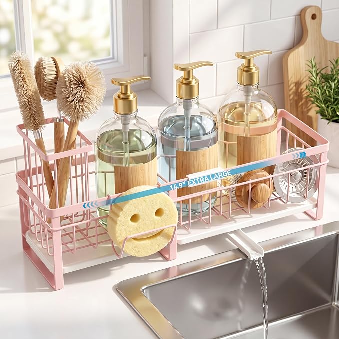 Extra Large Extendable Sponge Holder for Kitchen Sink Caddy Organizer | Rustproof Sink Caddy Organizer with High Brush Holder, Dish Soap Dispenser Organizers and Storage (Black) by Aurblozen