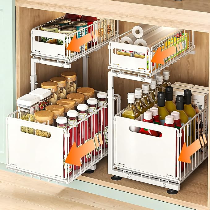 Under Sink Organizer, 2-Tier Multi-Use Kitchen and Bathroom Organizers and Storage, Slide Out Thickened Metal Under The Sink Organizer for Kitchen Bathroom Pantry (Style B White, 2 Pack) by Unknown