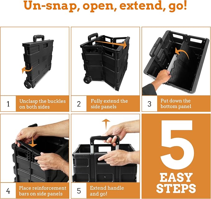 Inspired Living Ultra-Slim Rolling Collapsible Storage Pack-N-Roll Utility-carts, with Telescopic Handle, for Home, Garden, Shopping, Office, School use, Medium, Black - Image 6
