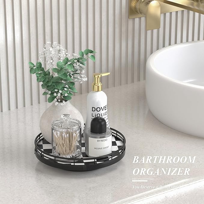 AMH 9-Inch Black and White Checkerboard Lazy Susan with Oak Base | Smooth rotating oak tray with walnut finish for dining tables, kitchen counters, pantries and cabinet storage. - Image 5