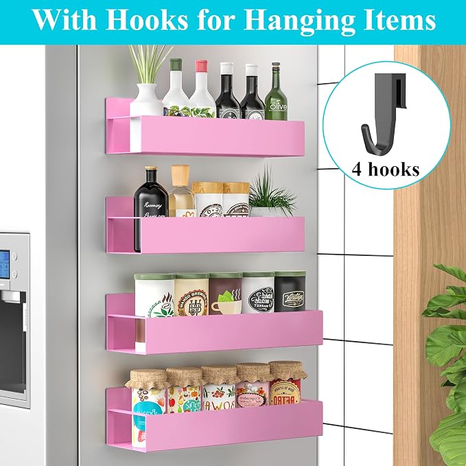 Metal Magnetic Spice Rack for Refrigerator Pink, 4 Pack | Magnetic Shelves Heavy Duty for Fridge in Kitchen, Seasoning Storage Organizer, For Oven Washer and Dryer, For Heavier Items - Image 2