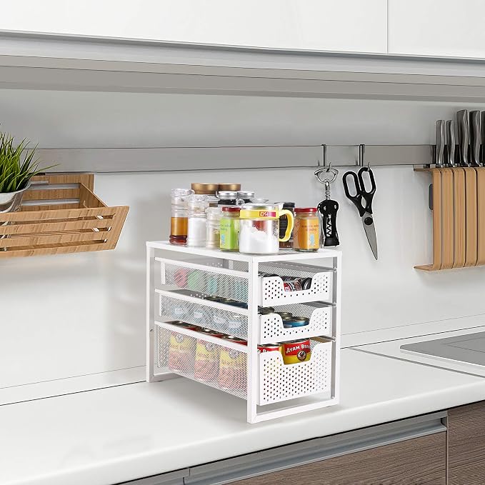Simple Trending Under Sink Organizer 3-Tier with Sliding Storage Drawer | Multi-Purpose Desktop Organizer, Metal Cabinet Organizer for Kitchen Bathroom Office, Stackbale, Space Saving, White - Image 6