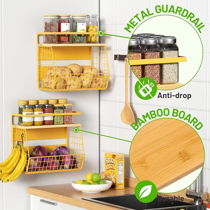 Magnetic Shelf for Fridge with Wood Lid, Fruit Potato and Onion Storage Bins, Pantry Organizers & Storage, Large Container Magnetic Spice Rack for Refrigerator, Kitchen Counter, Cabinet (Yellow, 1) - Image 2