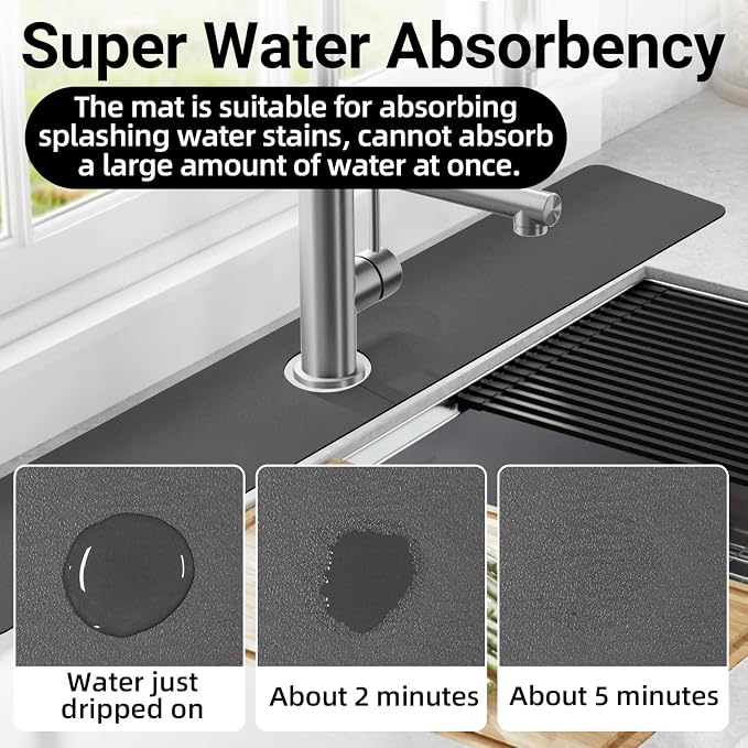 LOPNUR Cuttable Faucet Mat for Kitchen Sink, Extra Long 29 Inch, Dark Grey | Super Absorbent & Fast Dry Diatomite Sink Splash Guard, 0.8-2.4 Inch Adjustable Faucet Hole, Cut to Fit Bathroom & RV Sinks - Image 6
