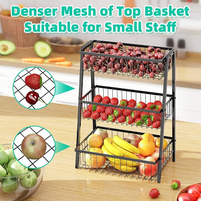 Simple Trending 3-Tier Trapezoidal Fruit Basket with 4 Banana Hooks, Extra Large Metal Wire Kitchen Organizer for Countertop - Rust-Proof for Fruits, Vegetables, Snacks, Bread Storage, Black - Image 2