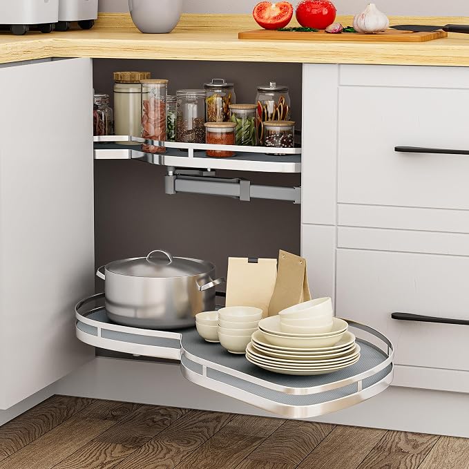 YITAHOME 32" Blind Corner Pull-Out Organizer | Soft-Close Swing-Out 2-Tier Height-Adjustable Lazy Susan, Right Swing Pull Out Organizer, Gray - Image 3