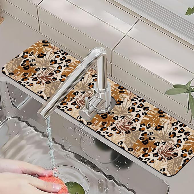 Kitchen Faucet Mat Brown Tropical Palm Leaf Sink Splash Guard Behind Faucet Draining Mat Kitchen Accessories Non-slip Easy to Clean for Bathroom & Kitchen 24"X5.5" - Image 6