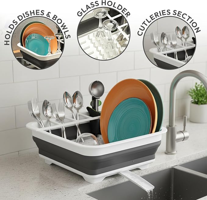 Collapsible Dish Drying Rack, Pop-Up with Drainboard, 8 Plate Capacity | Dish Strainer and Drainer, Over Sink Plate Rack, Utensil Holder, Plastic Rust-Free, Portable for RV Camping Kitchen Counter - Image 4
