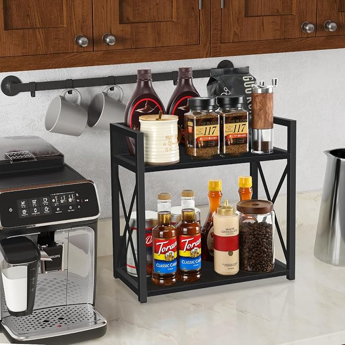 YINMIT Kitchen Countertop Organizer,Spice Rack,Coffee Bar Shelf Organizer | 2-Tier Coffee Station,Seasoning Storage,Syrup,Mug Cup,Bottle Holder,Bathroom Vanity,Pantry,Bedroom and Office,Black,Large - Image 2