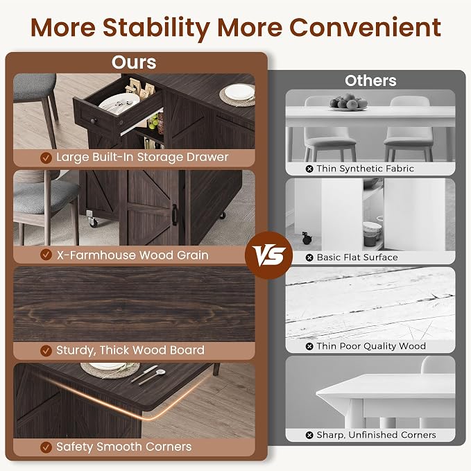 Jocoevol Folding Dining Table for Small Spaces, Space Saving Foldable Kitchen Table with Drawer & 2-Tier Storage Shelf, Rolling Expandable Dining Table with Wheels, Farmhouse, Dark Walnut - Image 3