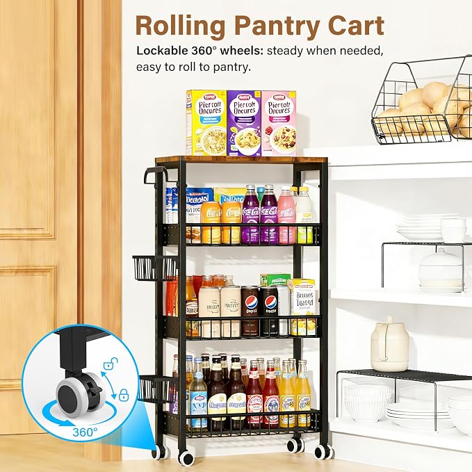 7.8 Inch Ultra-Slim 4-Tier Rolling Storage Cart with Adjustable Shelves | Lockable Wheels & Wooden Top for Narrow Spaces Between Washer/Dryer, Bathroom, Kitchen Organization (Black) - Image 5