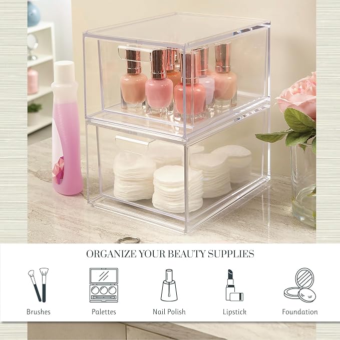 STORi Audrey Stackable Clear Bin Plastic Organizer Drawers | 2 Piece Set | Organize Cosmetics and Beauty Supplies on a Vanity | Made in USA (Pack of 3) - Image 4