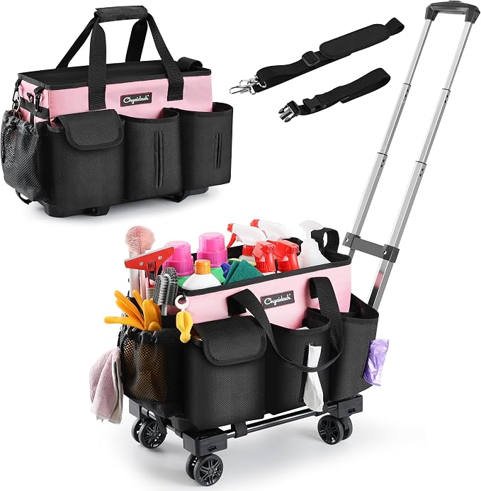 Chyaidach Rolling Cleaning Caddy, Cleaning Supplies Organizer with Trolley, Wearable Cleaning Tote Bag on Wheels with Hard Bottom, Cleaning Carts for Housekeepers/Home/Car/Office/Picnic (Pink) by Chyaidach