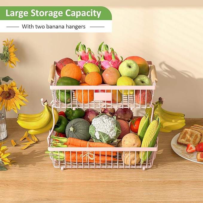 2 Tier Fruit Basket for Kitchen Counter with 2 Banana Hangers, Countertop Metal Fruit Bowl with Wooden Handle, Large Storage Stand for Vegetables, Snacks, Breads, Produce Storage – Pink - Image 2