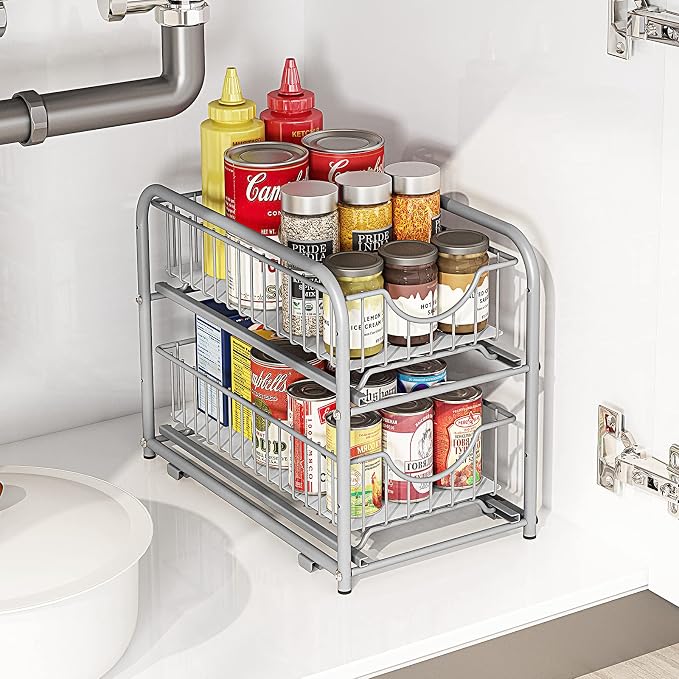 2-Tier Pull Out Organizer Under Sink Sliding Cabinet Rack,Sliver | Stackable sliding basket metal organizer with adjustable height and anti slip pad. Ideal for under sink or cabinet storage. - Image 2