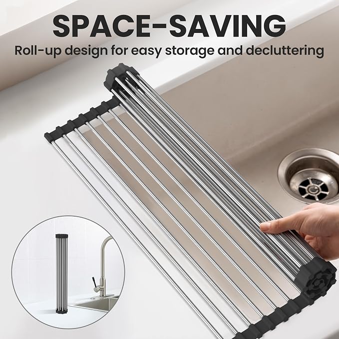 Roll Up Dish Drying Rack, 17" L x 11.8" W, Over The Sink Dish Drying Rack for Kitchen, Black - Image 2