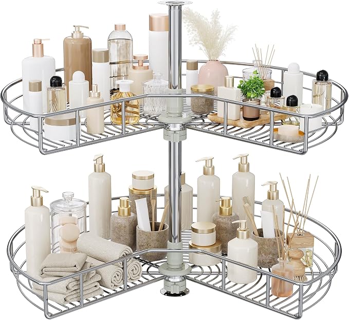 DWVO 31″ Kidney 2-Tier Lazy Susan – Telescoping Mount Corner Cabinet Organizer with Pie-Shelf Design, for Bathroom,Kitchen Cabinet Blind Corners (Chrome, 270° Adjustable) by DWVO