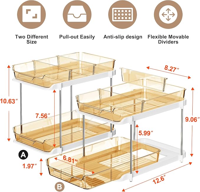 Delamu 2-Tier Multi-Purpose Bathroom Under Sink Organizers and Storage, Stackable Kitchen Pantry Organization, Pull Out Medicine Cabinet Organizer with Movable Dividers, Golden, 2 Pack - Image 2