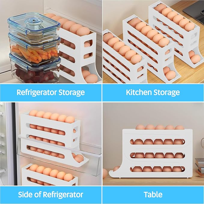 ZAYLAN Auto-Rolling Egg Holder for Fridge – 4-Tier Space-Saving Dispenser Holds 28 Eggs, White Organizer with FREE Flower Egg Cutter - Image 7