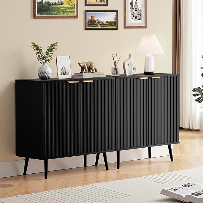 Set of 3 Fluted Storage Cabinet, Buffet Cabinet with Storage, Wood Sideboard with Adjustable Shelf, Modern Accent Cabinet & Console Table for Entryway, Living Room, Dining Room, Black - Image 5