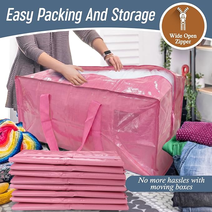 6 Pack Extra Heavy Duty Large Moving Bags with Strong Zipper, Pink | Comfortable Handles, Sturdy & Durable Clothes Storage Bags Totes Bins, Blue Packing Moving Boxes for College Supplies - Image 5