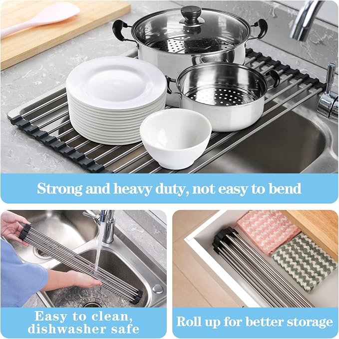 Seropy Roll Up Dish Drying Rack Over The Sink for Kitchen Sink Drying Rack Folding Dish Drainer Mat Rolling Dish Rack Sink Rack Stainless Steel Kitchen Dry Rack Black 17.5x15.7 Inch - Image 7