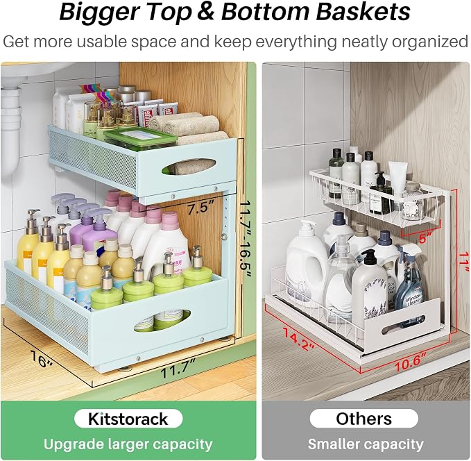 Under Sink Organizer, 1-Pack Pull Out Cabinet Organizer 2 Tier Metal Slide Out Storage Shelf Rack, L-Shaped Adjustable Height,Mesh Sliding Drawer for Kitchen, Bathroom, Laundry, Pantry, Blue, XL - Image 3