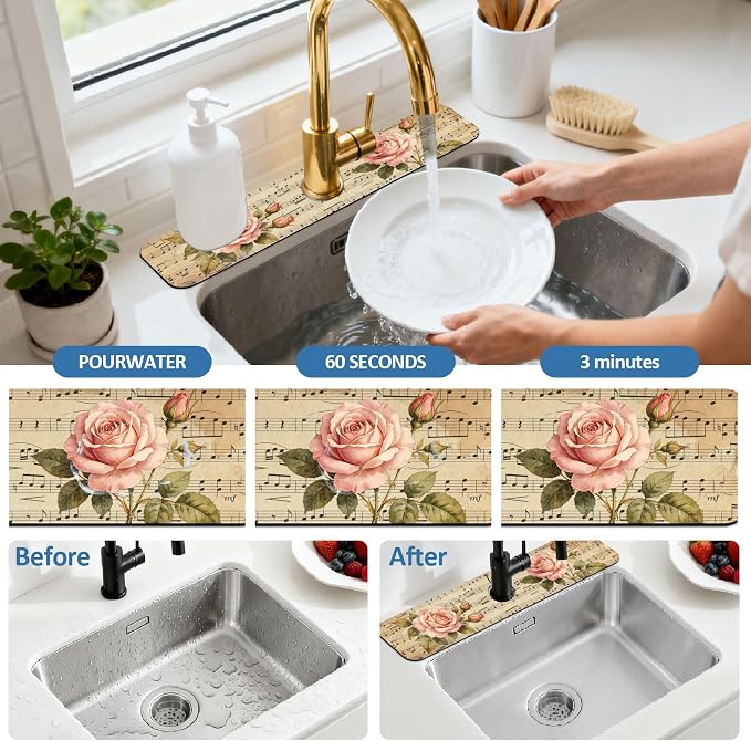 2 Pcs Kitchen Sink Splash Guard Faucet Mat Retro Sheet Music Flowers Pattern Faucet Mat for Sinks Flower Absorbing Drying Mats for Kitchen Bathroom - Image 5