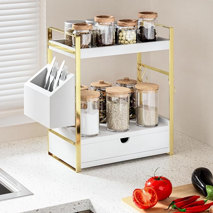 2-Tier Bathroom Counter Organizer, Wooden Vanity Shelf with Drawer & Basket | Pre-Drilled Holes, Skincare & Makeup Countertop Organizer and storage, White-gold - Image 5