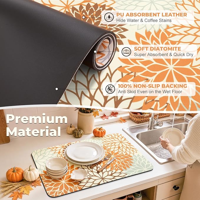 Findosom Fall Dish Drying Mat, 12" x 20" Super Absorbent Dish Mat with Floral, Hide Stain Drying Mat for Kitchen Counter, Under Dish Rack, Coffee Maker, Espresso Machine, Orange - Image 4