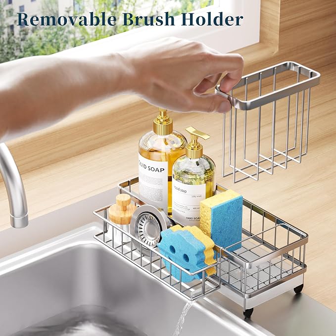 Consumest Sponge Holder for Kitchen Sink - Auto Draining Sink Caddy Organizer with Detachable Rack, High Brush Holder, Kitchen Countertop Storage Accessories, Silver-Extra Large - Image 3