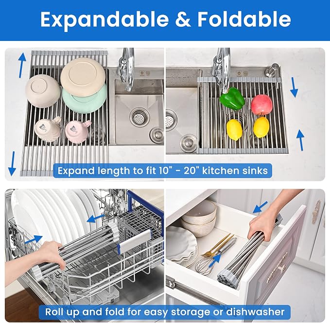 Roll Up Dish Drying Rack Over the Sink 12.5"-21.6" Expandable | 304 Stainless Steel Foldable Sink Drying Rack, Dish Drainer for Kitchen Sink, Dish Dryer Rack Mat for Kitchen Counter, Gray - Image 3