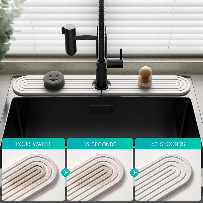 Stone Faucet Mat for Kitchen Sink – Diatomite Fast-Drying Stone Tray, Faucet Mat Sink Splash Guard, Decorative Sink Protector for Kitchen Bathroom Counter (Light Grey, 30''x3.9'') - Image 3