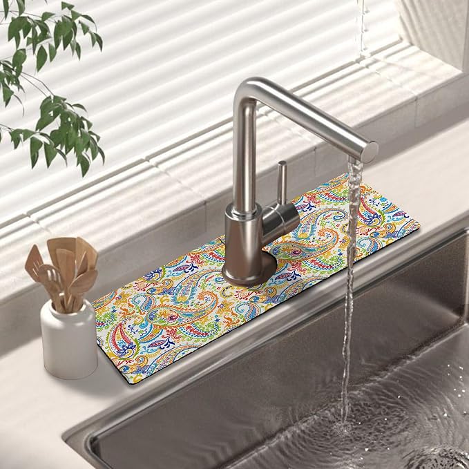 Kitchen Sink Splash Guard Faucet Mat 15" X 5.5" Paisley Absorbent Fast Drying Mat Faucet Draining Mat Sink Splash Guard Behind Faucet Drip Catcher for Kitchen Bathroom by Unknown