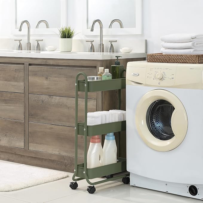 SunnyPoint Slim Rolling Storage Cart, 3 Tier Bathroom Storage Organizer Bathroom, Laundry Utility Cart (Army) - Image 3